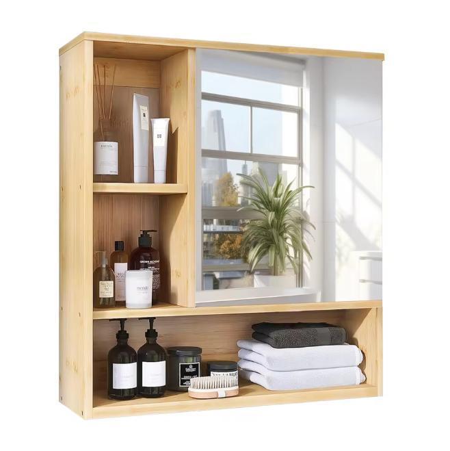 Bamboe Badkamerkast met Spiegel – Wandkast met Glazen Planke, Huis en Inrichting, Kasten | Overige, Nieuw, Verzenden