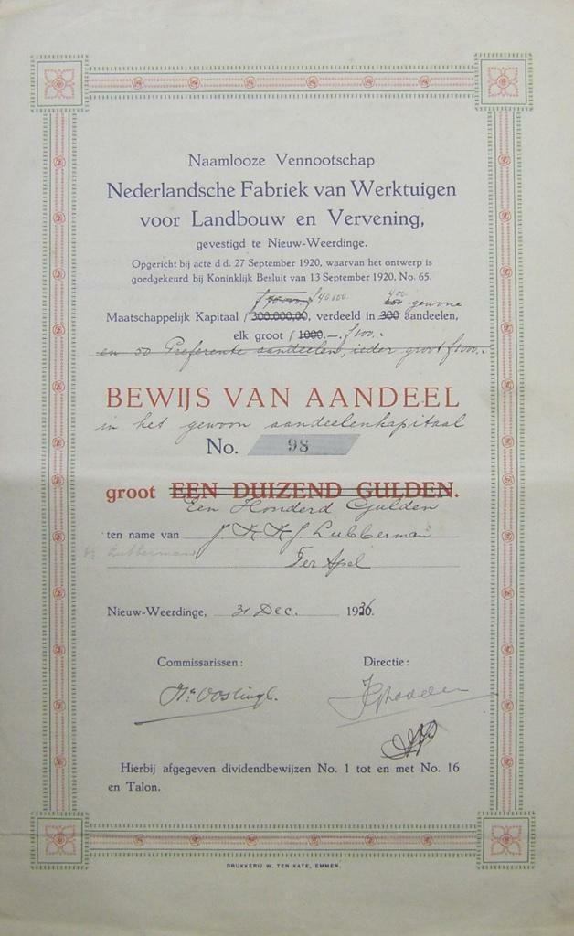 Nederl. Fabriek van Werktuigen voor Landbouw en Vervening, Postzegels en Munten, Aandelen en Waardepapieren, Aandeel, 1920 tot 1950