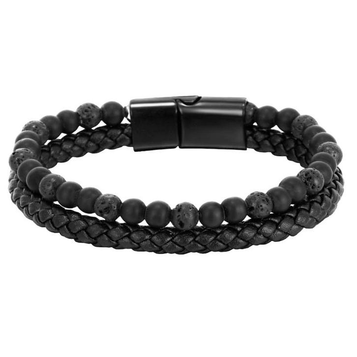 Fako Bijoux - Leren Natuurstenen Armband Heren - Zwart Leer, Sieraden, Tassen en Uiterlijk, Armbanden, Verzenden