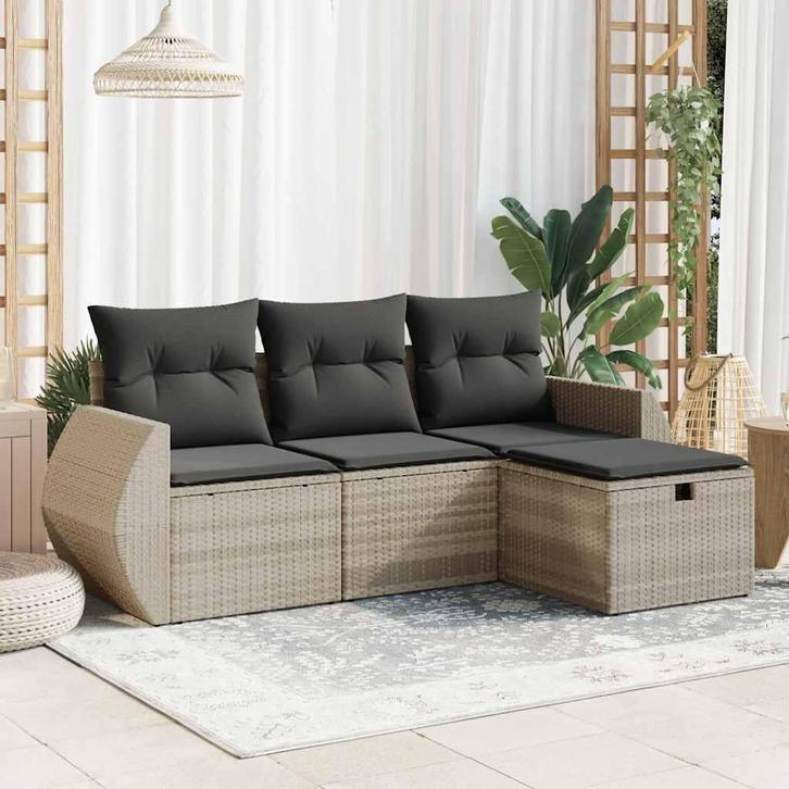 vidaXL 4-delige Loungeset met kussens poly rattan lichtgrijs, Tuin en Terras, Tuinsets en Loungesets, Loungeset, Nieuw, Rotan