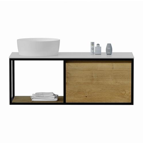 Badkamermeubel Zeno 120cm mat zwart stalen frame met eiken, Doe-het-zelf en Verbouw, Sanitair, Verzenden