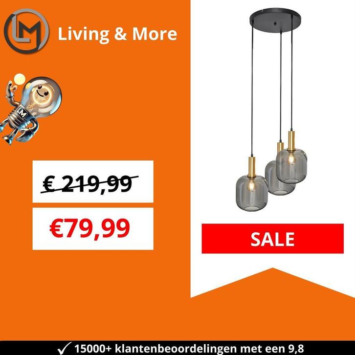 Hanglamp Zwart met Messing en Smoke Glas – 3-Lichts - Aura T, Huis en Inrichting, Lampen | Hanglampen, Nieuw, Verzenden