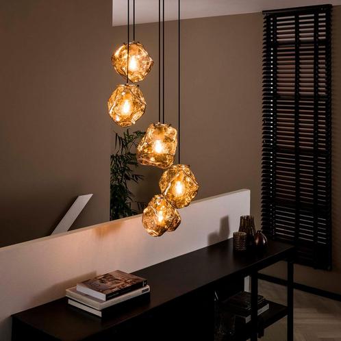 *WOONWINKEL* Trapse Hanglamp Met Steenvormige Glazen Kappen, Huis en Inrichting, Lampen | Hanglampen, Nieuw, Verzenden