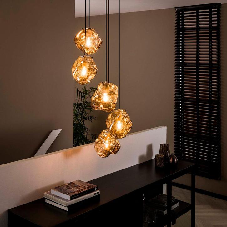 *WOONWINKEL* Trapse Hanglamp Met Steenvormige Glazen Kappen, Huis en Inrichting, Lampen | Hanglampen, Nieuw, Verzenden