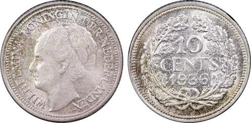 Koningin Wilhelmina 10 cent 1936 MS65 PCGS gecertificeerd, Postzegels en Munten, Munten | Nederland, Losse munt, 10 cent, Koningin Wilhelmina