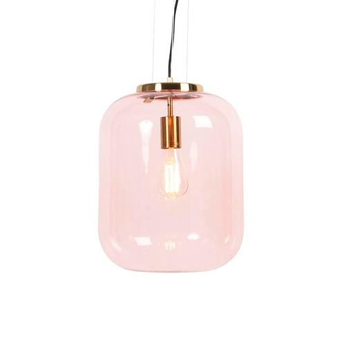 Art Deco hanglamp messing met roze glas - Bliss, Huis en Inrichting, Lampen | Hanglampen, Nieuw, Glas, 75 cm of meer