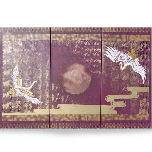 Ksavera - Japanese crane J386 - gold triptych - XXL - 150cm, Huis en Inrichting, Overige Huis en Inrichting