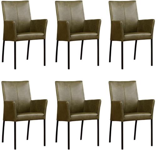 Set van 6 Olijfgroene leren moderne eetkamerstoelen - Granad, Huis en Inrichting, Stoelen, Vijf, Zes of meer stoelen, Overige kleuren
