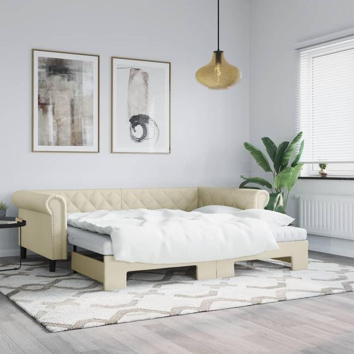 vidaXL Slaapbank met onderschuifbed 90x200 cm kunstleer, Huis en Inrichting, Slaapkamer | Bedden, 90 cm, 200 cm, Crème, Eenpersoons