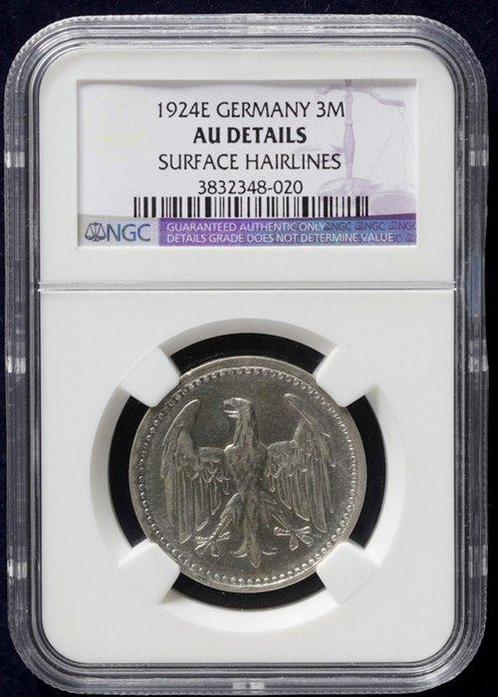 Duitsland, Weimar Republiek 3 Mark 1924 - NGC AU Details, Postzegels en Munten, Munten | Europa | Niet-Euromunten