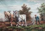 Belgische school (XX) - Paarden met ploeg en boer