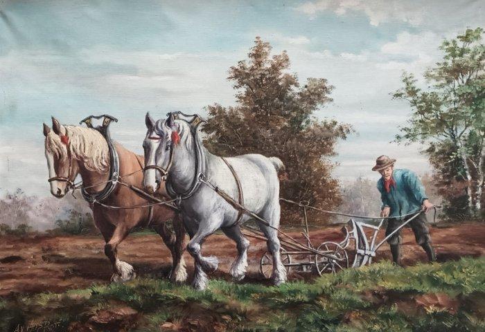 Belgische school (XX) - Paarden met ploeg en boer, Antiek en Kunst, Kunst | Schilderijen | Klassiek
