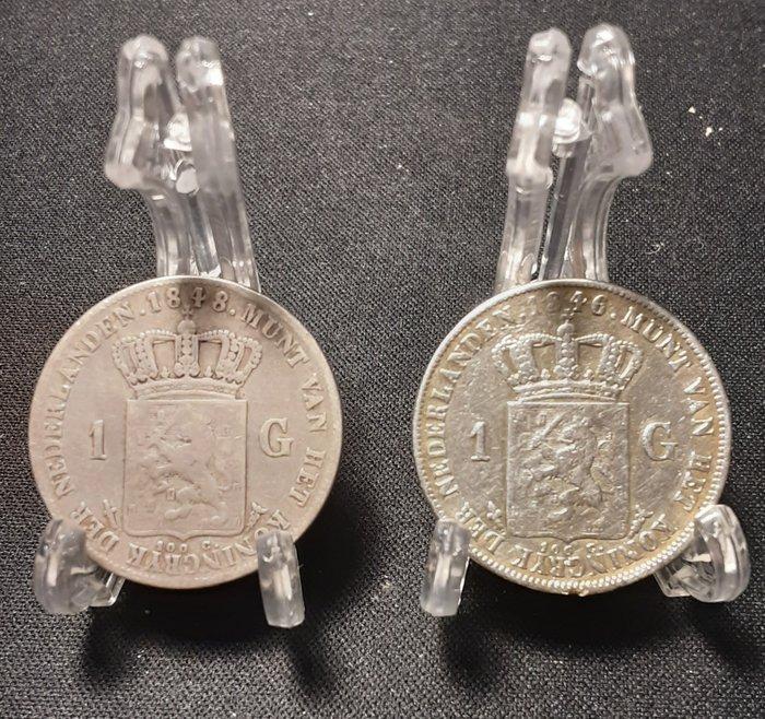 Nederland. Willem II. 1 Gulden 1846/1848, 2 stuks (Zonder, Postzegels en Munten, Munten | Nederland