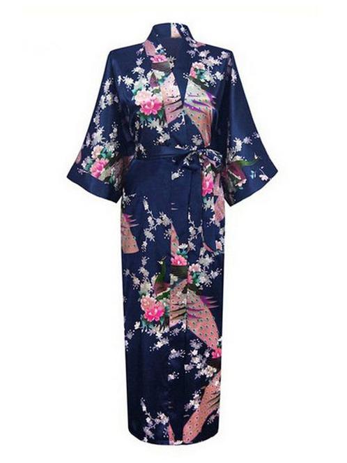 KIMU® Kimono Donkerblauw Maxi L-XL Yukata Satijn Lang Lange, Kleding | Dames, Carnavalskleding en Feestkleding, Nieuw, Maat 42/44 (L)