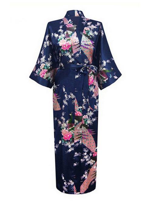 KIMU® Kimono Donkerblauw Maxi L-XL Yukata Satijn Lang Lange, Kleding | Dames, Carnavalskleding en Feestkleding, Nieuw, Maat 42/44 (L)