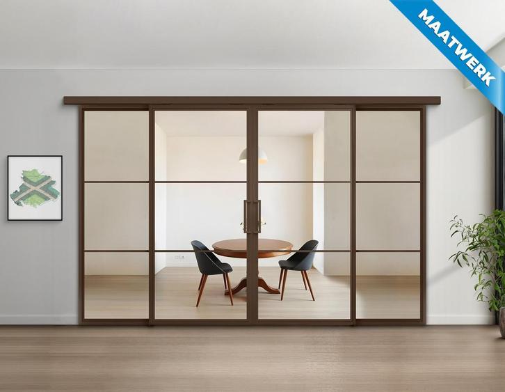 Dubbele stalen Schuifdeuren met koofsysteem en glaspanelen 3, Doe-het-zelf en Verbouw, Kozijnen en Schuifpuien, Nieuw, Inclusief glas