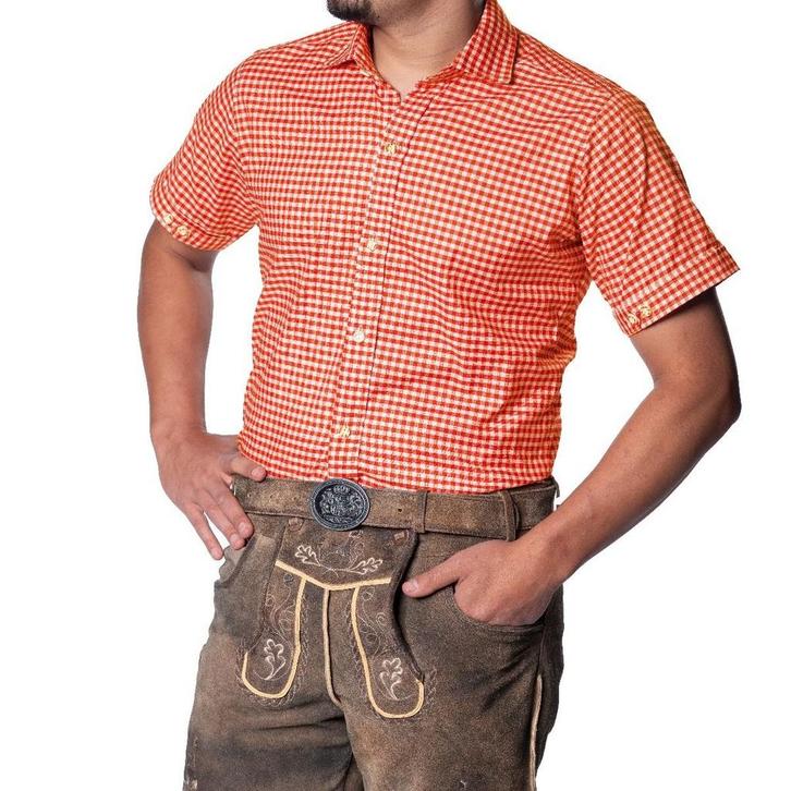Trachten Hemd Oranje geblokt Korte Mouw, Kleding | Heren, Carnavalskleding en Feestkleding, Nieuw, Ophalen of Verzenden