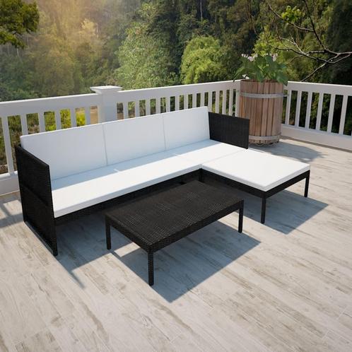 vidaXL 3-delige Loungeset met kussens poly rattan zwart, Tuin en Terras, Tuinsets en Loungesets, Loungeset, Nieuw, 3 zitplaatsen