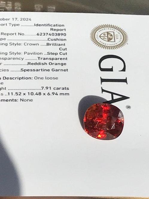 1 pcs Oranje, Rood Granaat - 7.91 ct - Gemological Institute, Sieraden, Tassen en Uiterlijk, Edelstenen