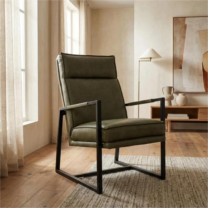 Leren fauteuil Square - Granada Moss (olijf/groen), Huis en Inrichting, Fauteuils, 50 tot 75 cm, 75 tot 100 cm, Nieuw, Leer, Ophalen of Verzenden