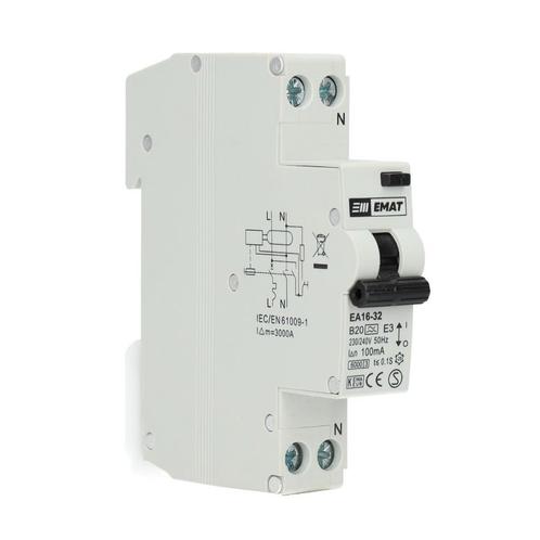 EMAT aardlekautomaat 1-polig+nul 20A B-kar 100mA (85006014), Doe-het-zelf en Verbouw, Elektra en Kabels, Verzenden