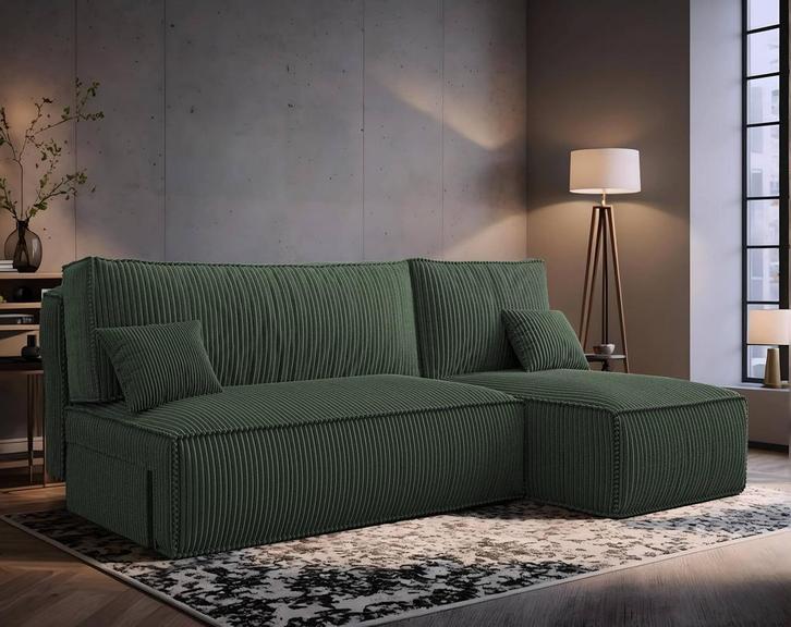 Hoekbank Ribstof Karlito Groen | Universeel | €399,-, Huis en Inrichting, Banken | Bankstellen, 200 tot 250 cm, 100 tot 125 cm