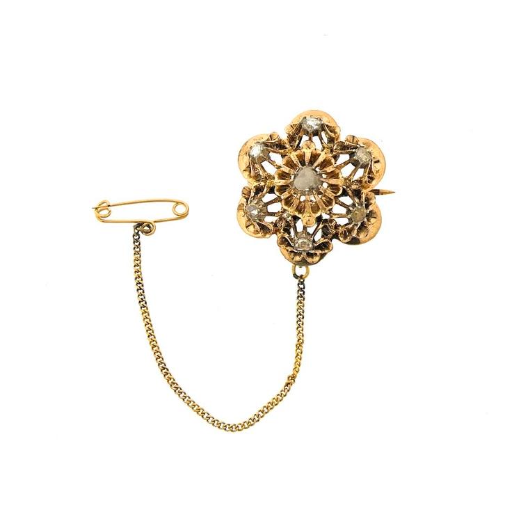 Gouden broche met roos geslepen diamanten | Ca 0,40 ct., Sieraden, Tassen en Uiterlijk, Broches, Overige kleuren, Gebruikt, Met edelsteen