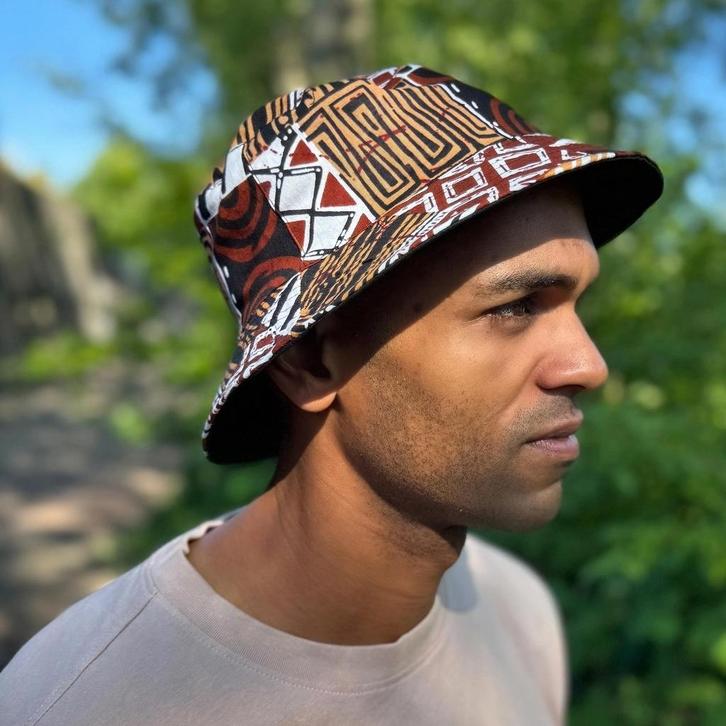 Bucket hat / Vissershoedje met Afrikaanse print - Bruin Bogo, Kleding | Heren, Hoeden en Petten, Nieuw, Ophalen of Verzenden