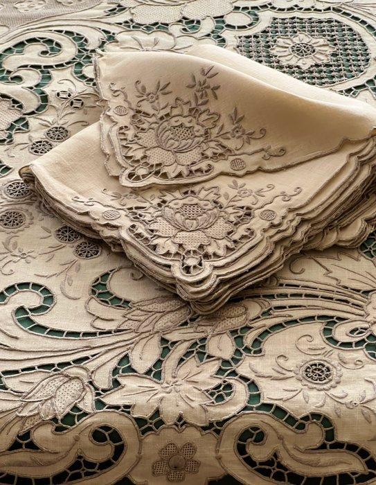 Oude complete tafelkleedset, tafelkleed + 12 servetten,, Antiek en Kunst, Kunst | Designobjecten