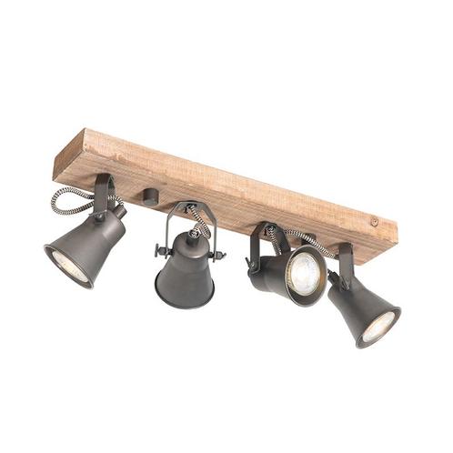 Landelijke spot zwart met hout 4-lichts verstelbaar - Jelle, Huis en Inrichting, Lampen | Spots, Nieuw, Overige materialen