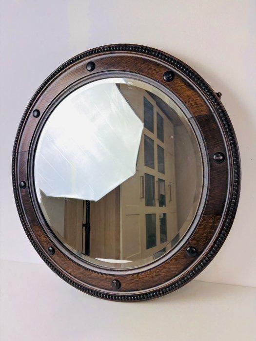 Spiegel- Antieke convex bullseye spiegel met houten beaded, Antiek en Kunst, Curiosa en Brocante