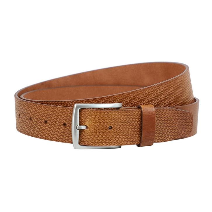 Landley Herenriem met Visgraat Structuur Leer – Cognac - 85, Kleding | Heren, Riemen en Ceinturen, Bruin, Nieuw, Verzenden