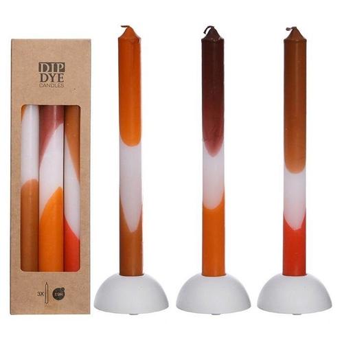Kaarsen oranje- bruin dip dye taper candle h.24 set 3 25mm, Hobby en Vrije tijd, Knutselen, Nieuw, Ophalen of Verzenden