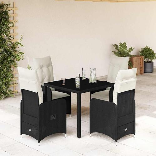 vidaXL 5-delige Bistroset met kussens poly rattan zwart, Tuin en Terras, Tuinsets en Loungesets, Nieuw, 4 zitplaatsen, Rotan, Verzenden