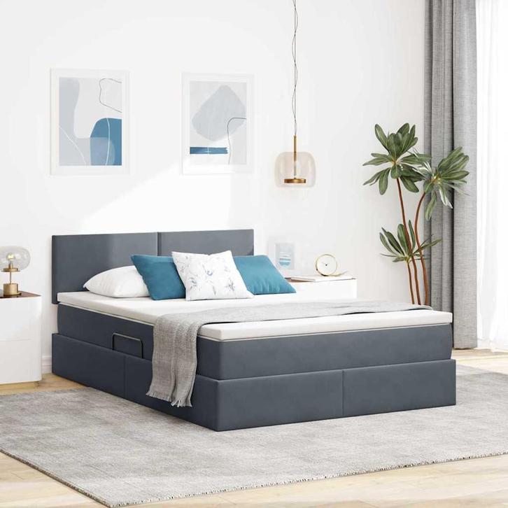 vidaXL Opslag bed met matras Donkergrijs 140 x 190 cm, Huis en Inrichting, Slaapkamer | Bedden, Grijs, Nieuw, Stof, Verzenden