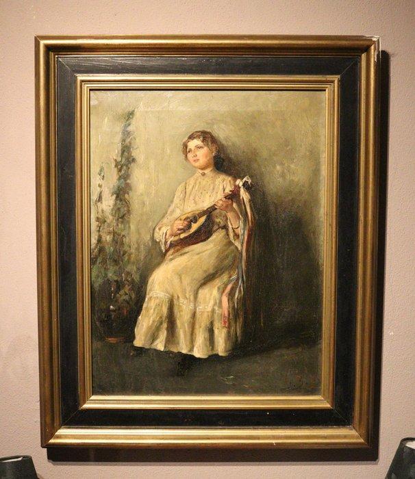 Hollandse School (XIX-XX) - Portret meisje met luit, Antiek en Kunst, Kunst | Schilderijen | Klassiek