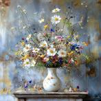 John Joseb Art glasschilderij bloemen in vaas voor oude muur, Verzenden, Nieuw, Schilderij, 50 tot 75 cm