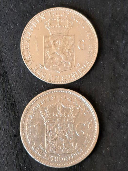 Nederland. Wilhelmina. 1 Gulden 1907 en 1914, 2 stuks, Postzegels en Munten, Munten | Nederland