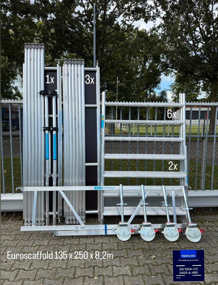 Rolsteiger bestellen gratis geleverd 135x250x8.2m PRO LINE, Doe-het-zelf en Verbouw, Steigers, 5 meter of hoger, Nieuw, Rolsteiger of Kamersteiger