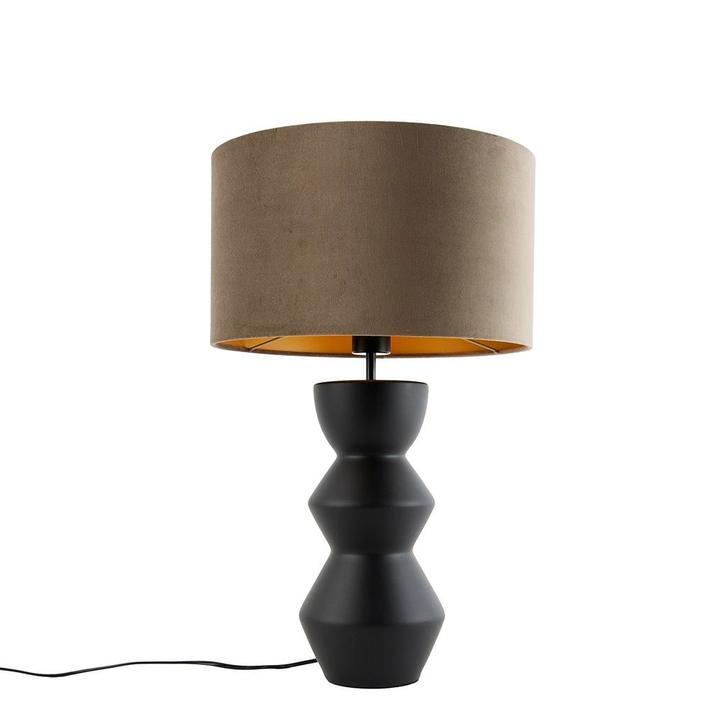Design tafellamp zwart 16 cm velours kap taupe met goud 35, Huis en Inrichting, Lampen | Tafellampen, Nieuw, 50 tot 75 cm