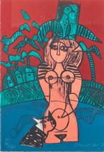Corneille (1922-2010), Vrouw met vogel en kat (1982), Antiek en Kunst, Kunst | Schilderijen | Modern