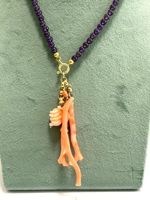 Hanger - 18 karaat Geel goud Koraal - Amethist - Perle, Sieraden, Tassen en Uiterlijk, Antieke sieraden