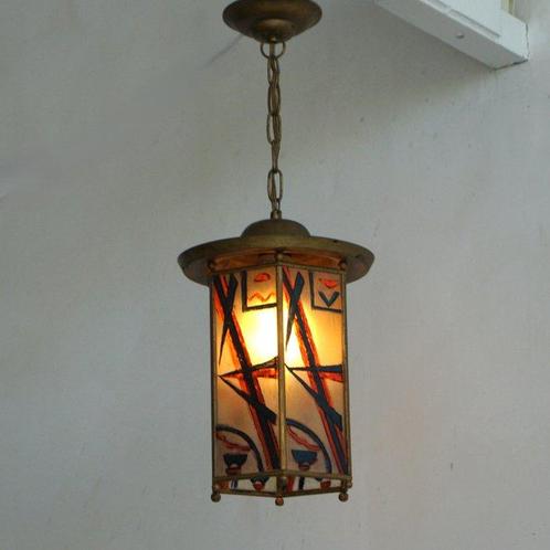 Lantaarn plafondlamp - Glas, Metaal - Nederlandse Art Deco, Antiek en Kunst, Kunst | Designobjecten