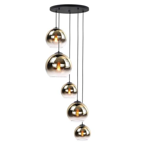 Hanglamp Semi Goud 5 voudig 5x Glazen lampenkappen Fantasy, Huis en Inrichting, Lampen | Hanglampen, Metaal, Minder dan 50 cm