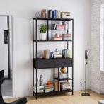 Hoge Industriële Boekenkast met Laden - Walnoot en Zwart, Verzenden, Nieuw, 50 tot 100 cm, 150 tot 200 cm