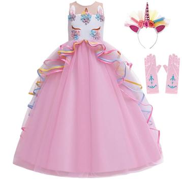 Unicorn Jurk-Eenhoorn Jurk-Roze-Haarband-Handschoenen 98/152