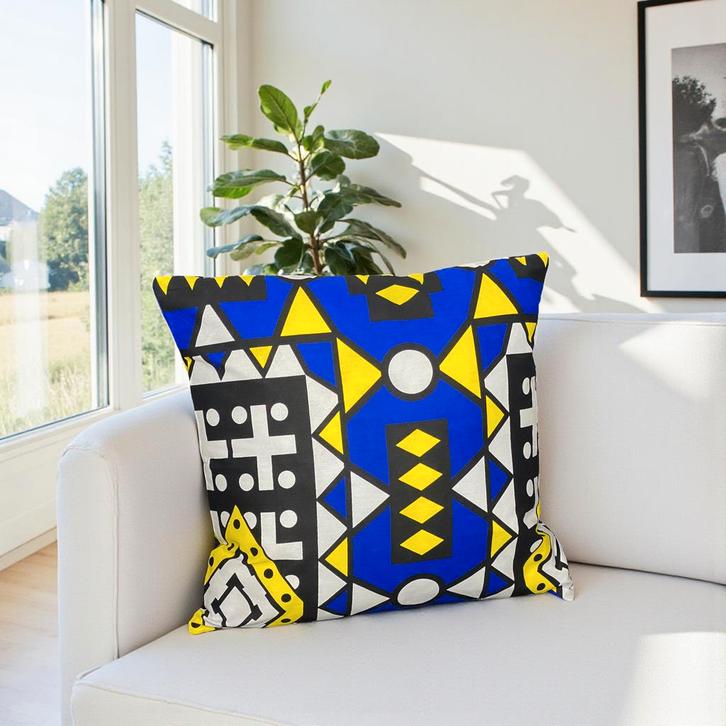 Afrikaans kussen | Blauwe Samakaka - Sierkussen 45x45 - 100%, Huis en Inrichting, Woonaccessoires | Kussens, Nieuw, Ophalen of Verzenden