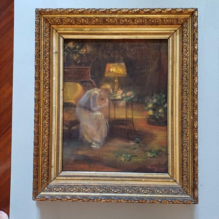 Amero Cagnoni (1853–1923) - Donna in un interno, Antiek en Kunst, Kunst | Schilderijen | Klassiek