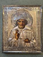 Icoon - Nikolaas de Wonderdoener, met zilveren lak - Hout, Antiek en Kunst
