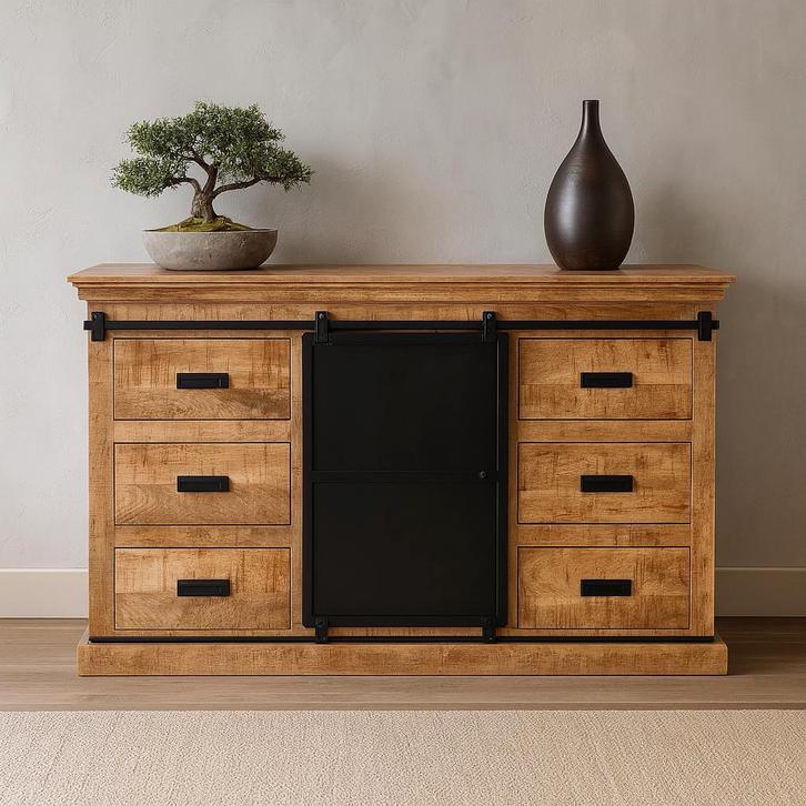 Dressoir Mangohout Milan 140 cm, Huis en Inrichting, Kasten | Dressoirs, 100 tot 150 cm, 25 tot 50 cm, Nieuw, Overige houtsoorten